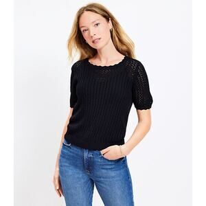 Ann Taylor LOFT Size Large Open Knit Scalloped Keyhole Back Sweater Tee Black